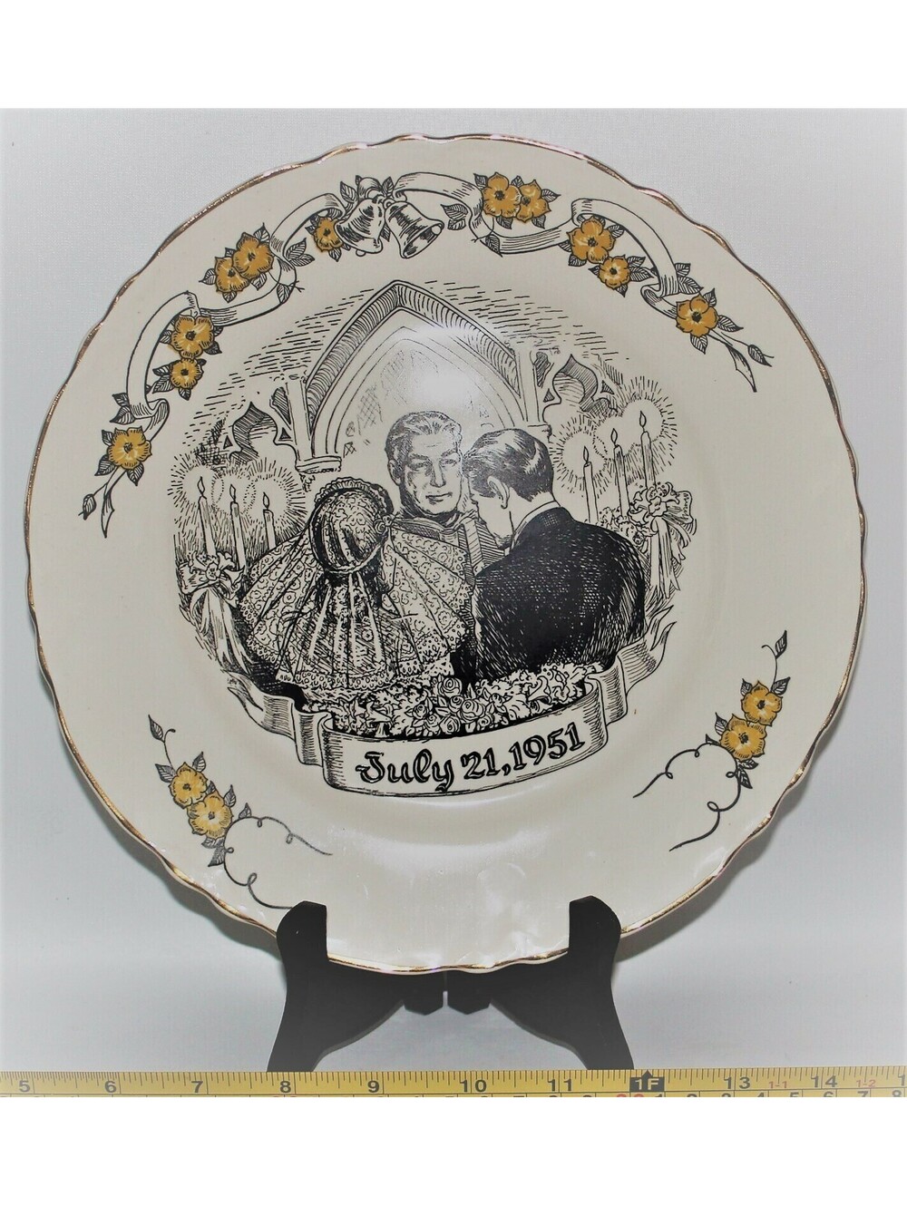 W.S. GEORGE Wedding Commemorative Plate*Church Yellow Flowers*Retro*Bride Groom